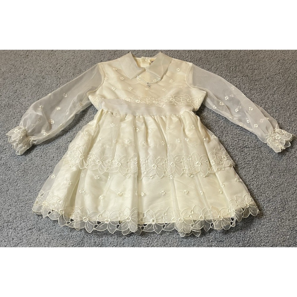 70s Embroidered Floral Lace Dress Girl's 6 USA Made Weddings Communion Necklace